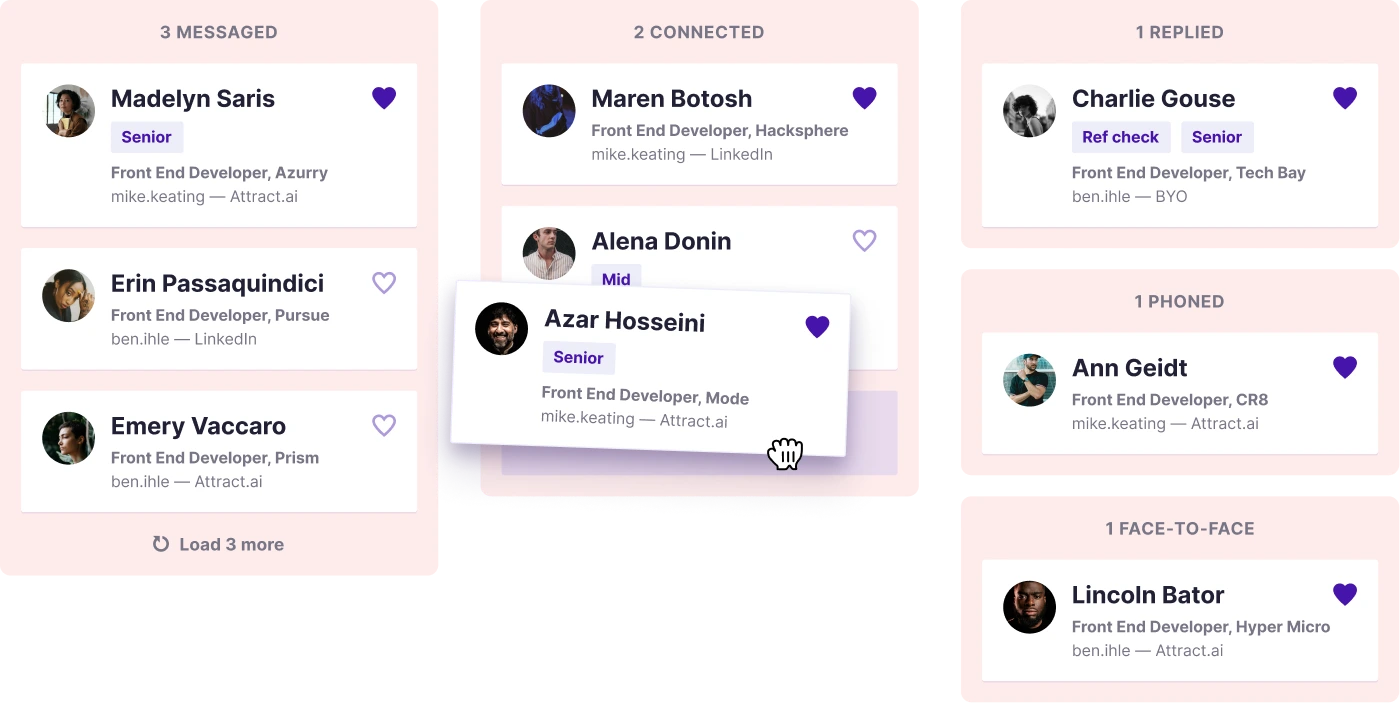 Candidates in the Attract.ai app being organised on a Kanban-style board
