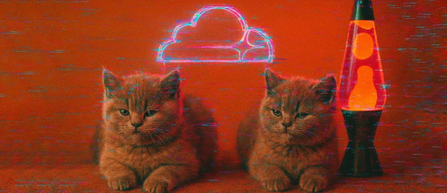 Two of them - two little grey cats sitting down next to a lava lamp and the Cloudflare logo