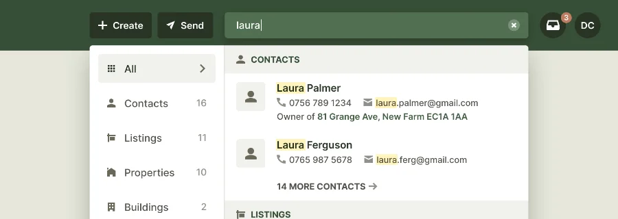 A screenshot of an application showing a search experience and several results including contacts and properties.