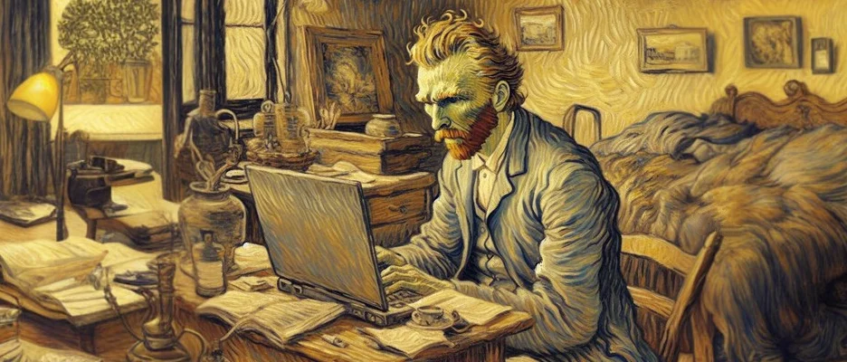 AI-generated portrait of Van Gogh using a laptop