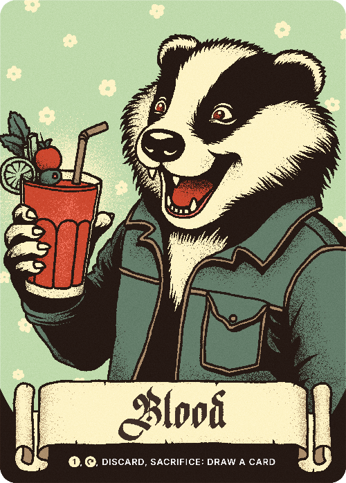A card featuring a badger holding a bloody mary